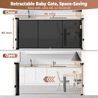 236" Retractable Baby Gate Extra Wide, 41" Tall Retractable Dog Gate for Stairs, Doorways, Decks, Mesh Gate Long Child Gate Pet Gate for Indoor, Outdoor, with Reinforced Mesh Rods, Dual Locks