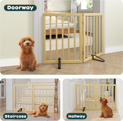 Freestanding Dog Gates Indoor, 3-Panel Pet Gates with 2 Metal Stands and 360° Hinge, 24" H Foldable Dog Gate for Stairs, Doorway, Kitchen, Expands Up to 55" Fully Assembled - Black Walnut