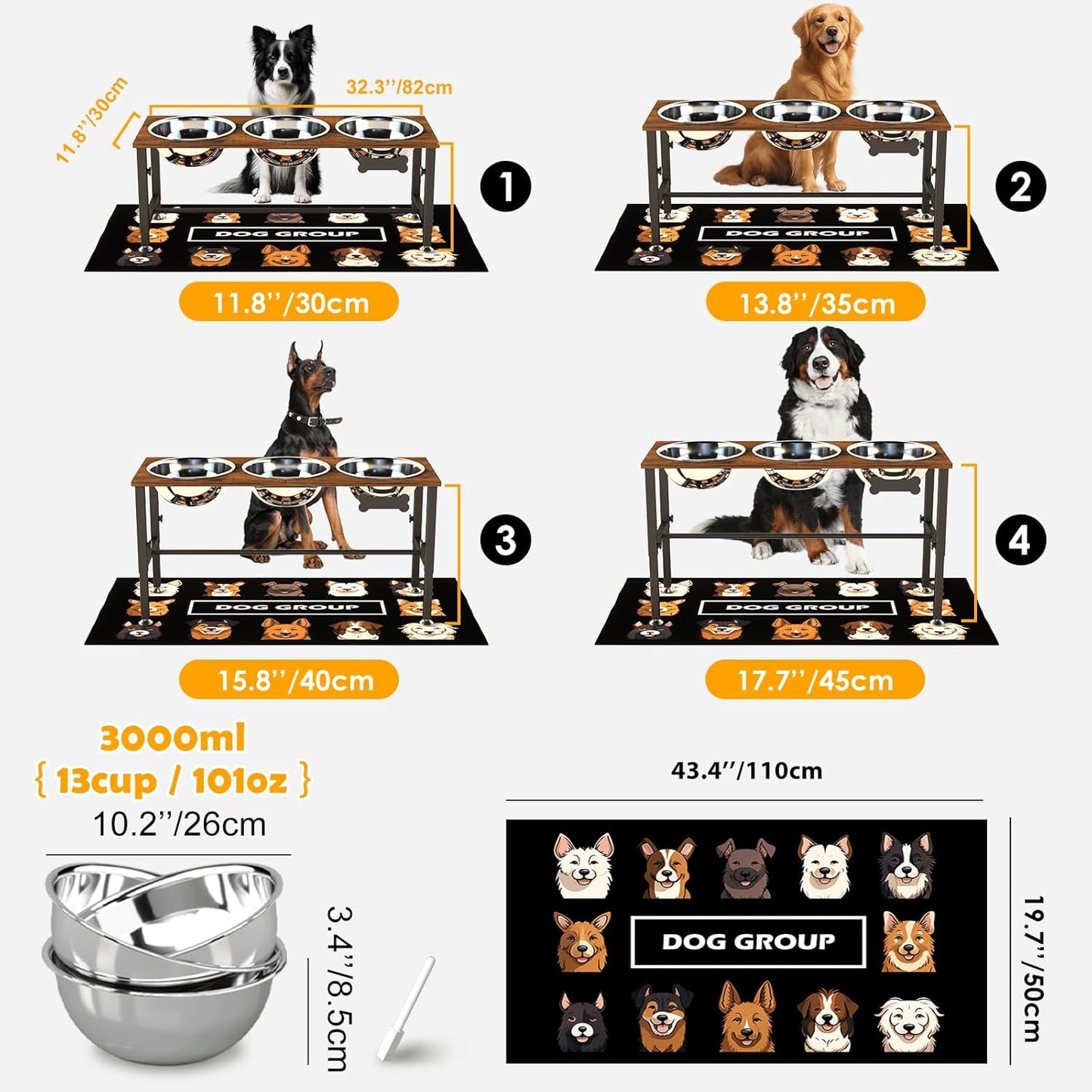 ADENGL Metal Raised Dog Bowl, 10" Tall Elevate Dog Feeder Stand with 2 Stainless Steel 42oz Bowls & 16x24 Non-Slip Mat – Stronger Dogs Food & Water Bowl Stand (Black)
