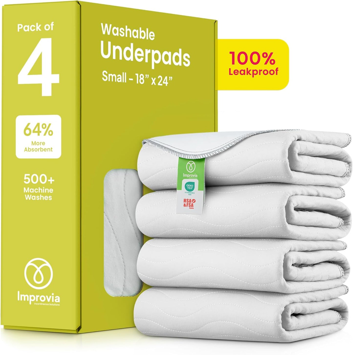 IMPROVIA® Washable Underpads, 34" x 36" (Pack of 4) - Heavy Absorbency Reusable Bedwetting Incontinence Pads for Kids, Adults, Elderly, and Pets - Waterproof Protective Pad for Bed, Couch, Sofa, Floor