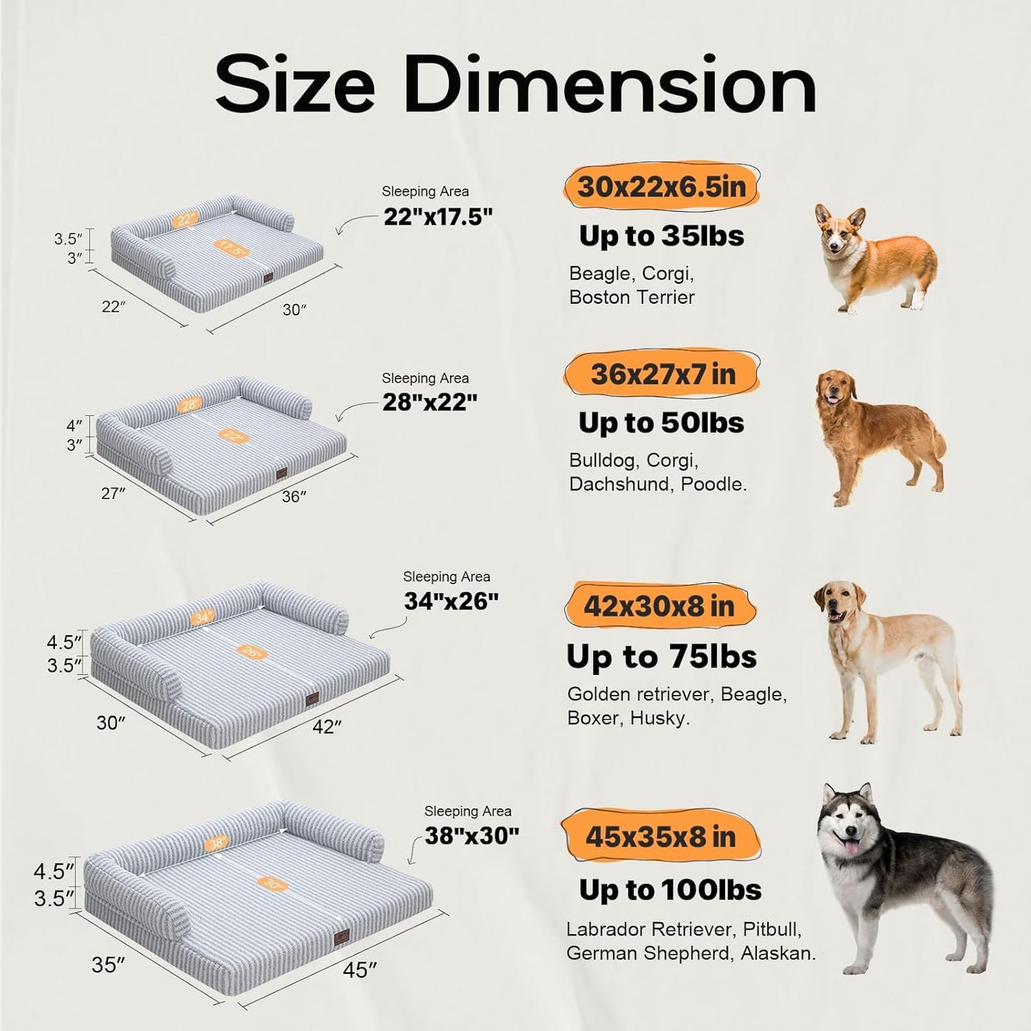 Large Dog Bed Orthopedic Washable - Beds Bolster - Medium XL XLarge Big Dogs - Memory Foam Couch Sofa - Waterproof with Removable Cover