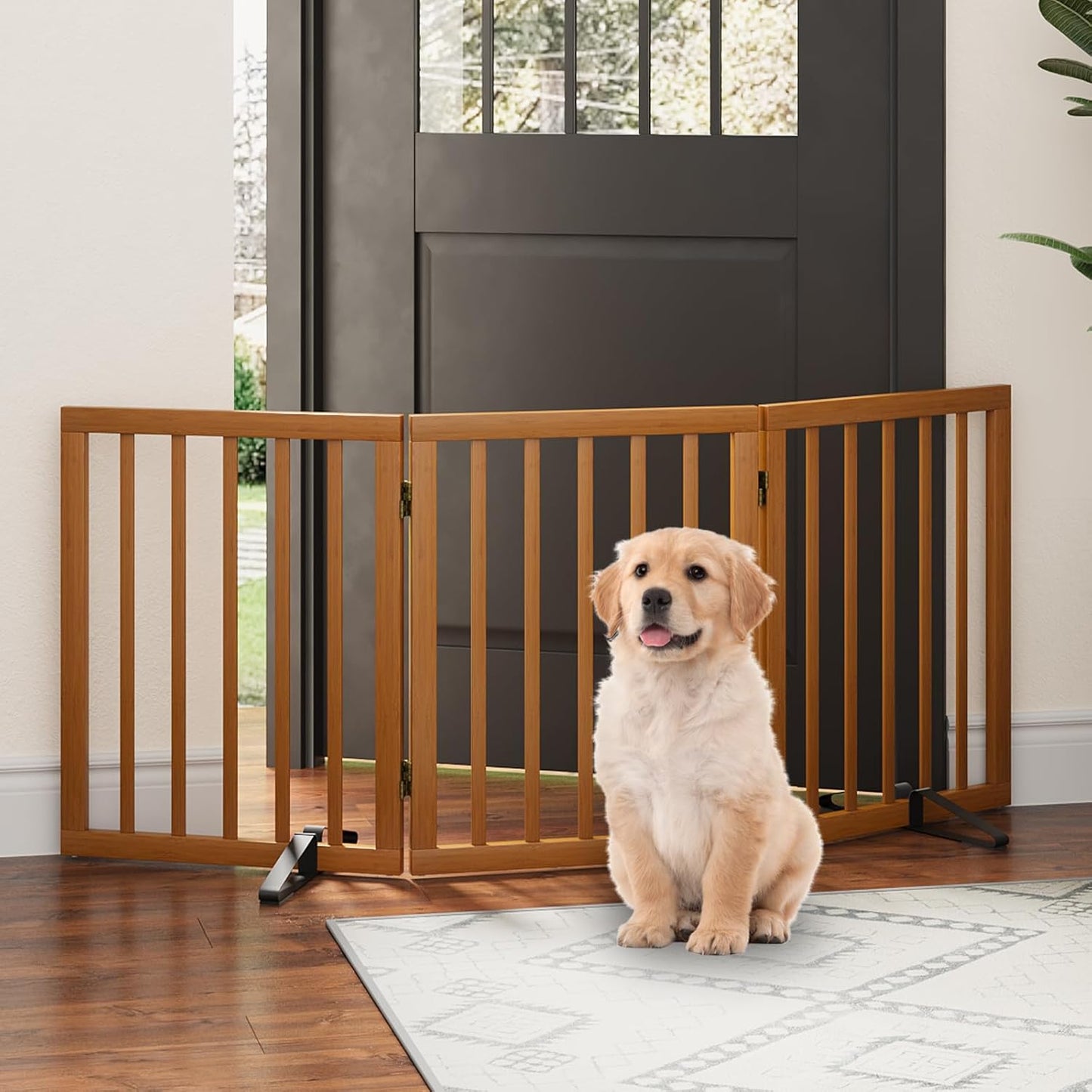 Freestanding Foldable Dog Gate - 4 Panel Room Divider with Metal Support Feet (Black)