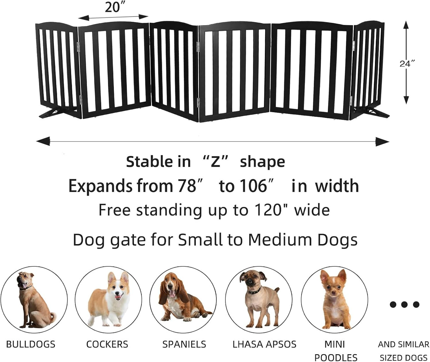 ZJSF Foldable Freestanding Indoor Dog Gate for House Wood White Long Pet Gates Dog Fence for Stairs Puppy Gates for Hallways,Pet Fence, Puppy Gate,Support Feet Included 24 "Height-3 Panels