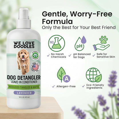 We Love Doodles Dog Comb (2 Packs) & Lavender Detangler Spray 16oz – Pet Grooming Essentials, Stainless Steel Rounded-End Dematting Metal Comb for Dogs, Dog Leave-In Conditioner Spray for Detangling