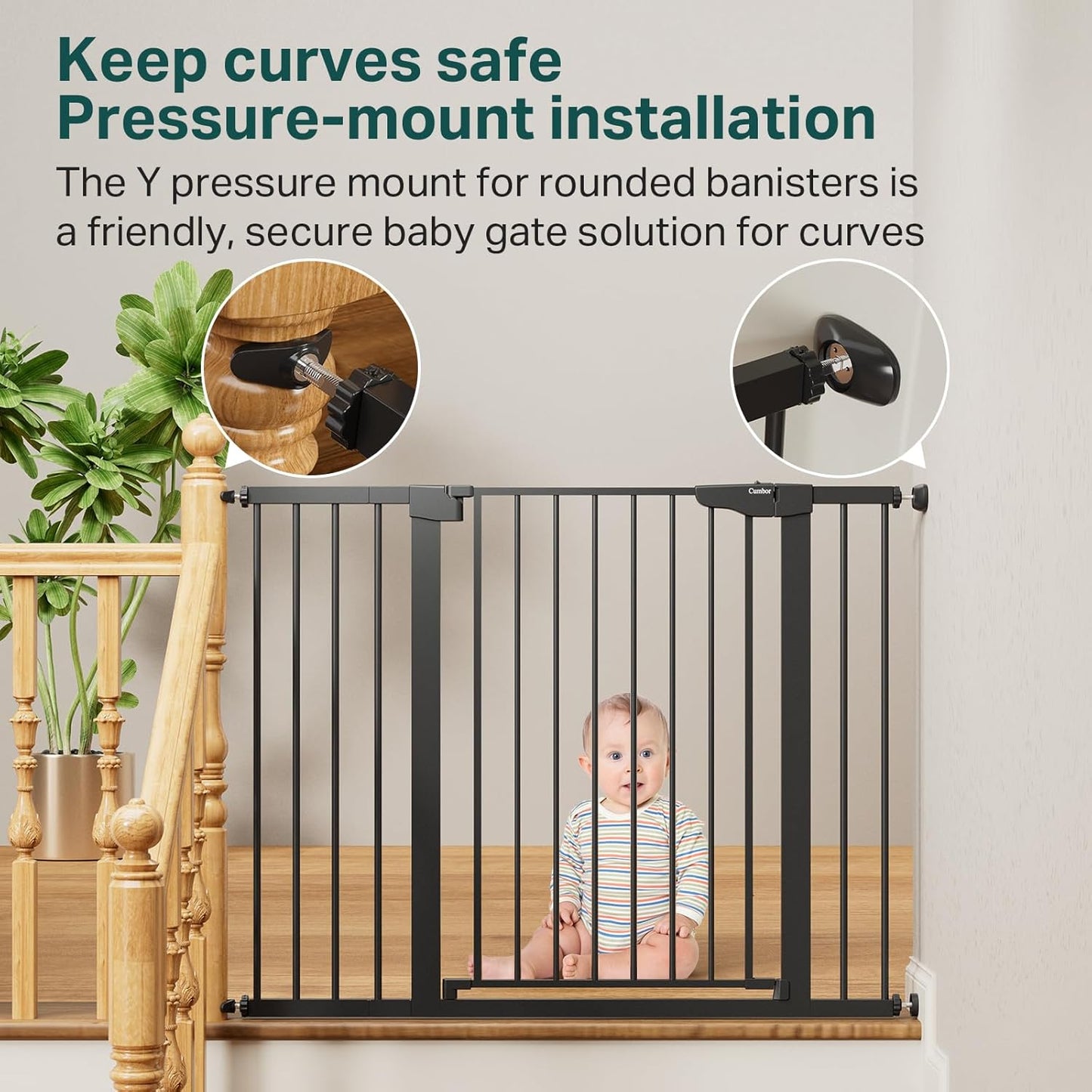 Cumbor 36.6-64" Extra Wide Baby Gate for Stairs, Dog Gates for Doorways, Auto-Close Pet Gate Indoor, Pressure Mounted Walk Through Safety Child Gate for Kids Toddler, Tall Pet Puppy Fence Gate, Brown