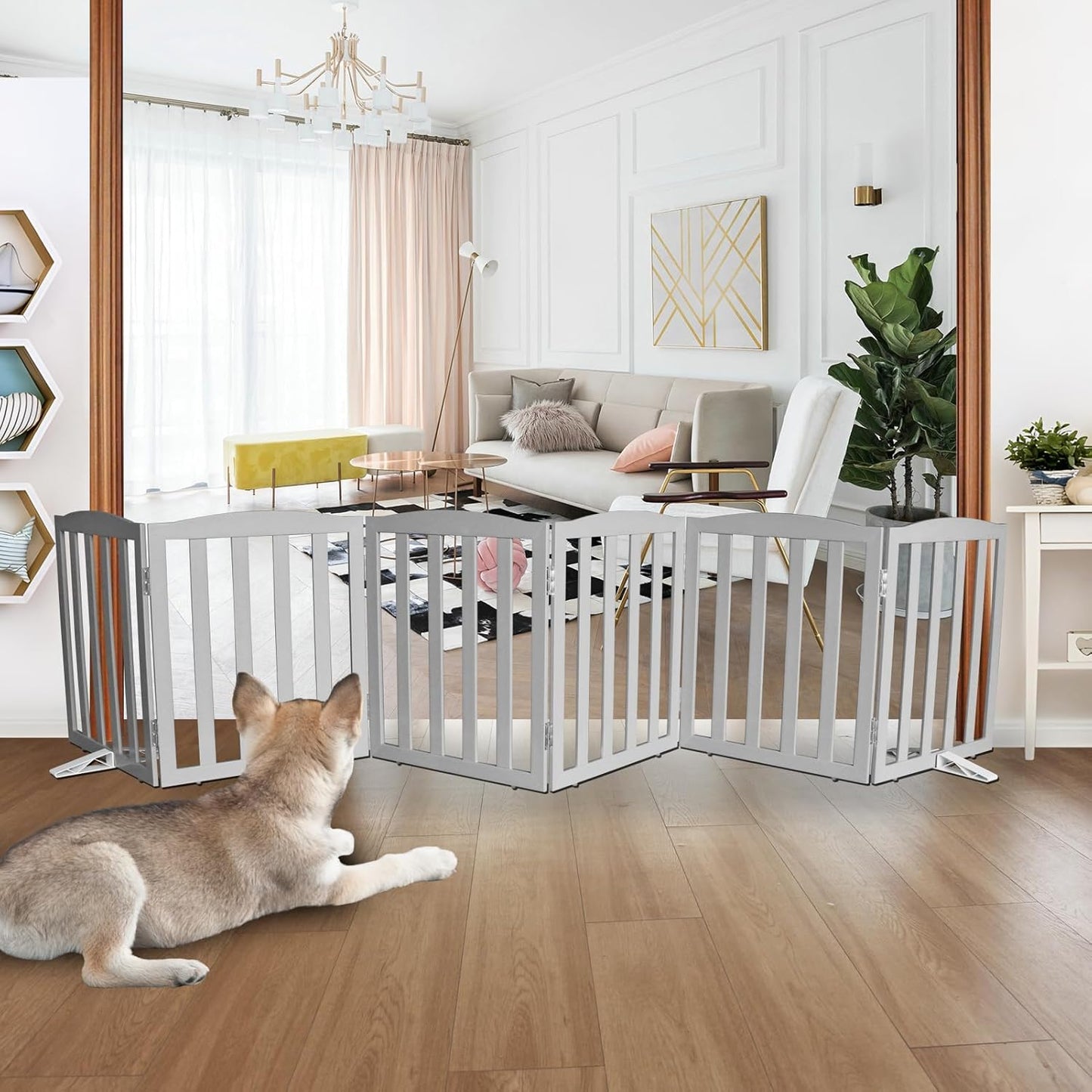 ZJSF Foldable Freestanding Indoor Dog Gate for House Wood White Long Pet Gates Dog Fence for Stairs Puppy Gates for Hallways,Pet Fence, Puppy Gate,Support Feet Included 24 "Height-3 Panels