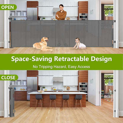 Reinforced 42" Tall Retractable Dog Gate, 155" Extra Long Retractable Baby Gate with Support Rods - Prevent Crawling Under, Indoor/Outdoor Retractable Gate Extra Tall Baby Gate Retractable Fence/Black