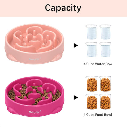 MateeyLife Slow Feeder Dog Bowls 2PCS, Anti-Choking Puzzle Dog Food Bowls, Anti-Slip Interactive Feeding Slow Down Eating, Bloat Stop Maze Dishes for Medium Breeds Pink&Purple