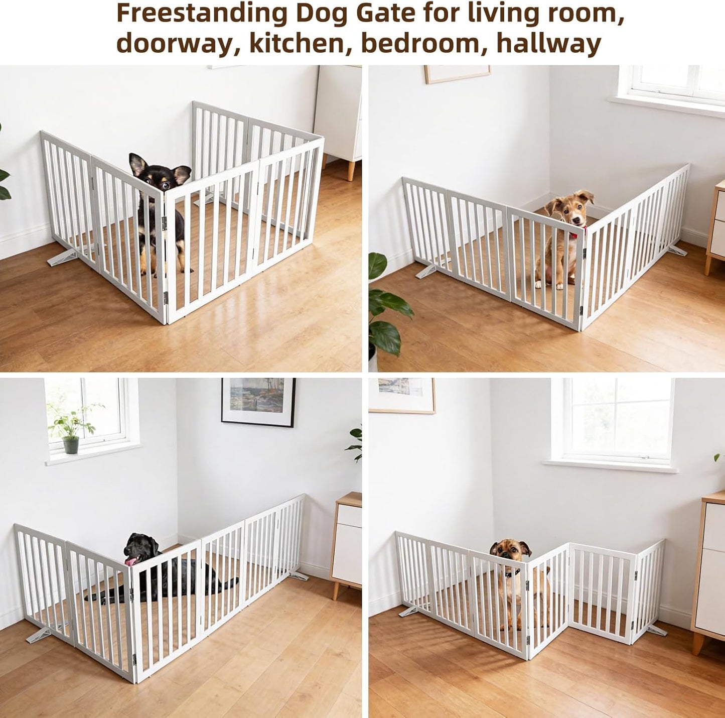 ZJSF Freestanding Indoor Dog Gate for House Foldable Wood Puppy Gate for Doorways Pet Gate for Stairs Extra Wide Pet Fence, Brown, 24" Height 3 Panels