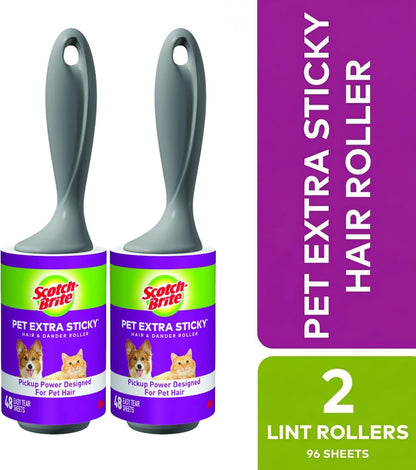 Scotch-Brite Pet Extra Sticky Lint Rollers 4 Rollers 48 Sheets Per Roller 192 Sheets Total