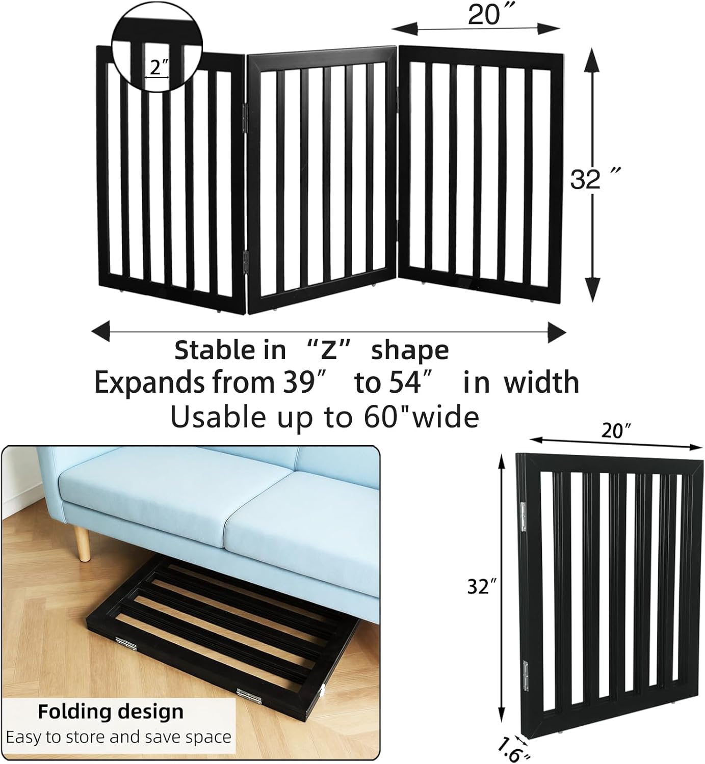 Dog Gate Indoor, Freestanding Dog Fence for The House, Doorways, Hallways,or Stairs,Pet Gate Foldable Wooden,Expandable 24" Height 3 Panels,White