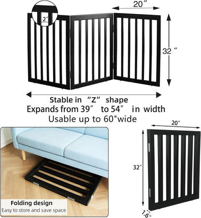 Dog Gate Indoor, Freestanding Dog Fence for The House, Doorways, Hallways,or Stairs,Pet Gate Foldable Wooden,Expandable 24" Height 3 Panels,White