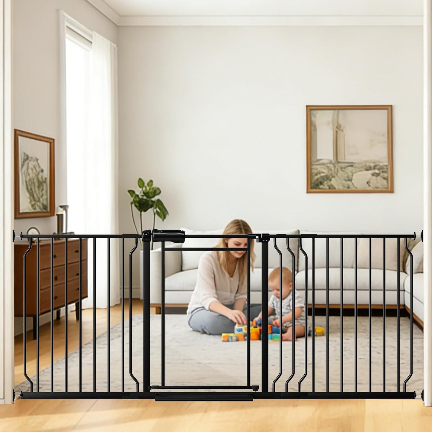 Fairy Baby Triple Lock Clear Baby Gate for Doorways, 57.6”-66.8” Extra Wide Acrylic Dog Gate for Stairs, Safety Child Gate Pressure Mounted No Drill, Auto Close Clear Pet Gate One-Hand Opening, Black
