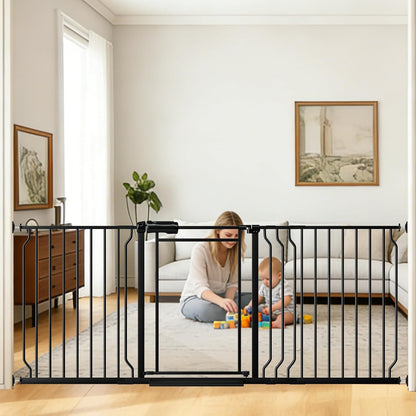 Fairy Baby Triple Lock Clear Baby Gate for Doorways, 57.6”-66.8” Extra Wide Acrylic Dog Gate for Stairs, Safety Child Gate Pressure Mounted No Drill, Auto Close Clear Pet Gate One-Hand Opening, Black