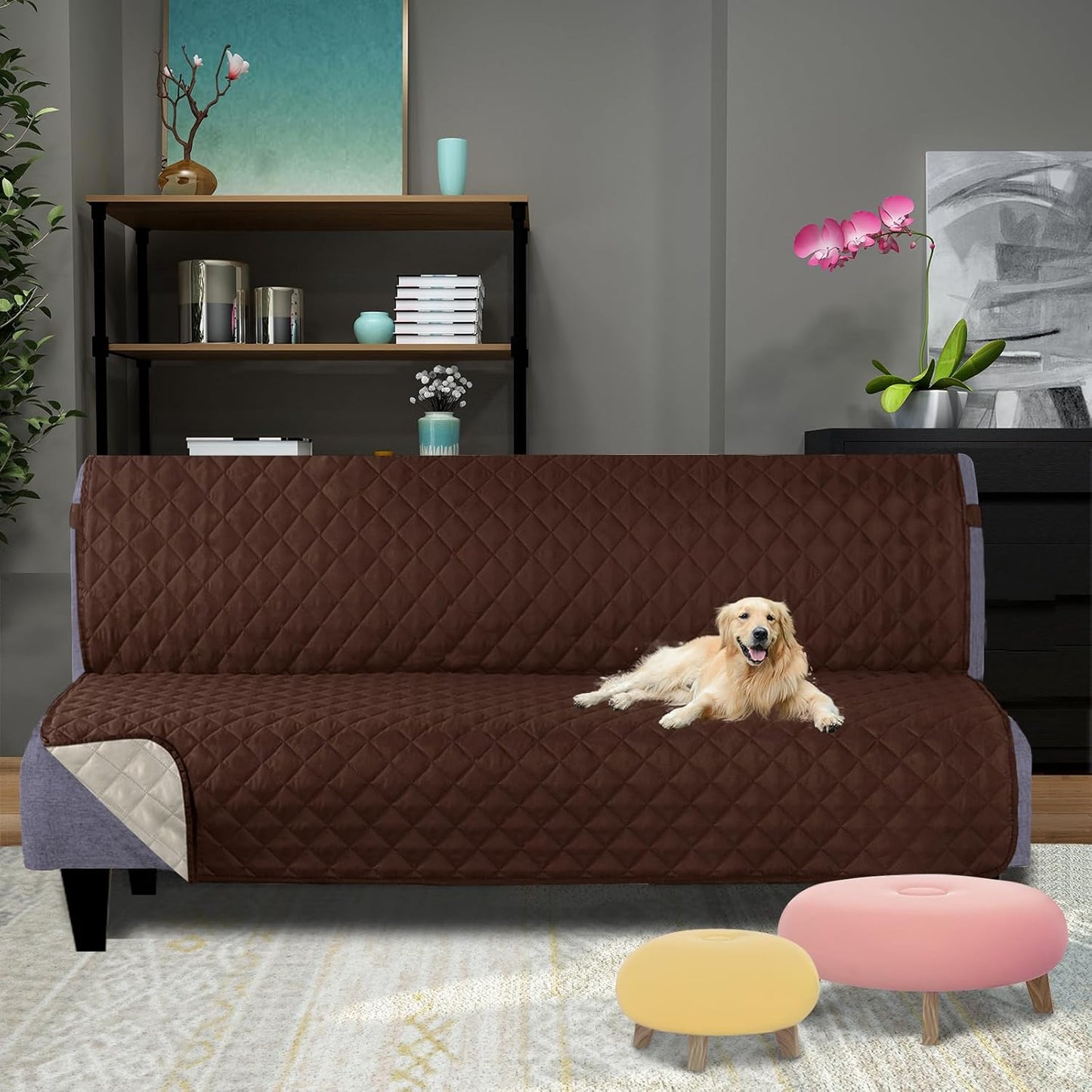 U-NICE HOME Reversible Sofa Cover Washable Couch Cover for Dogs Friendly with Elastic Straps Water Repellent Furniture Protector for 3 Cushion Couch (Sofa, Coffee/Beige) - Colors B