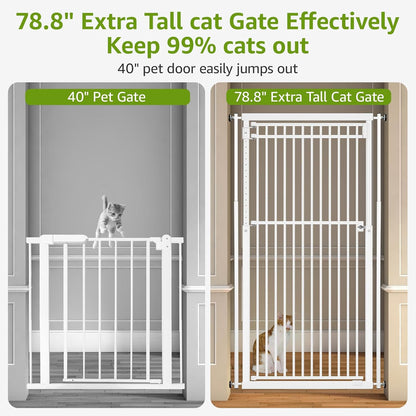 78.8" Extra Tall Cat Gate, 28.3-33" Wide Safety Metal Cat Door, Pressure Mounted Easy Walk Through Pet Gate with Door for Stairs, Doorways (Black)