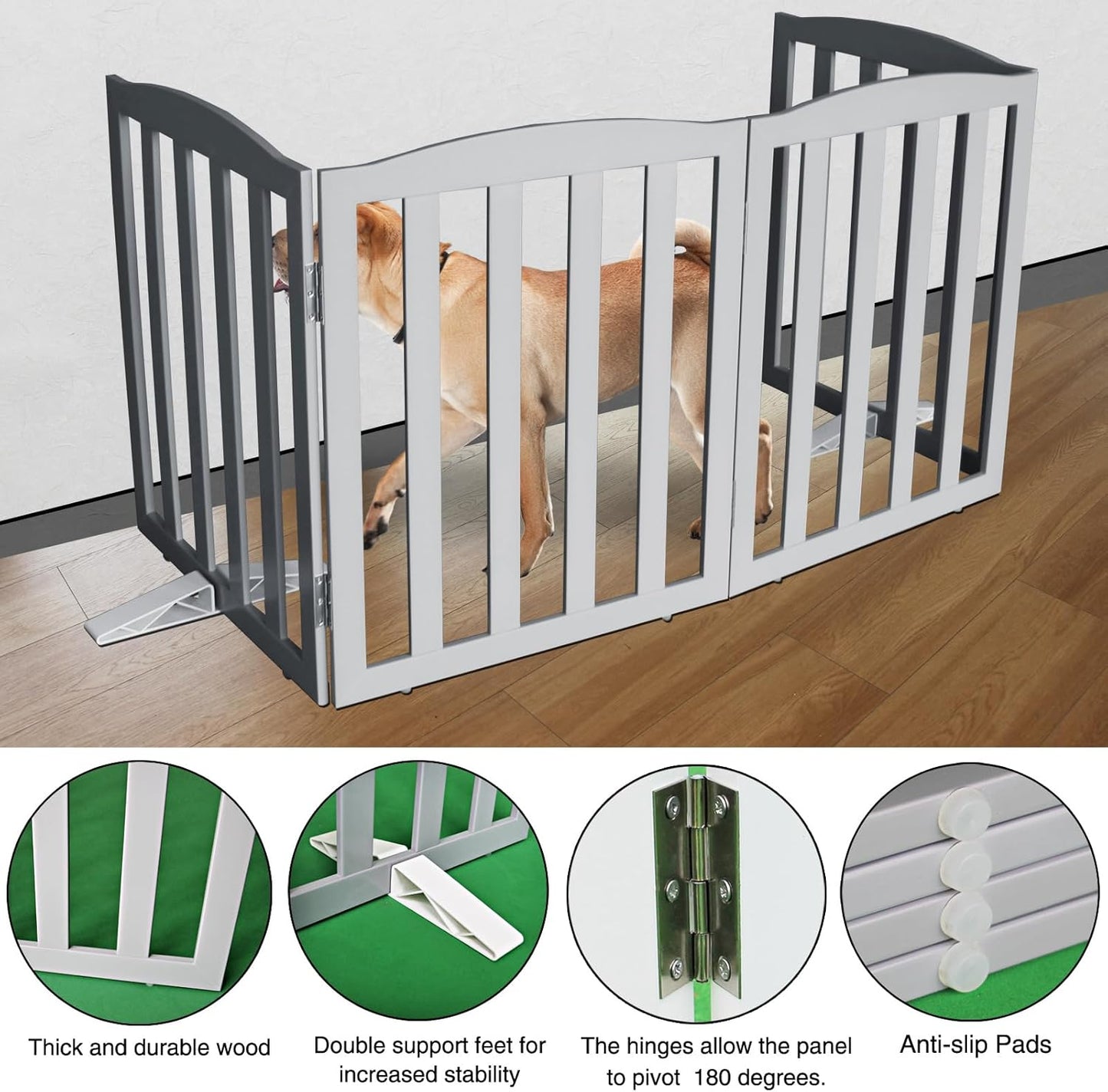 ZJSF Foldable Freestanding Indoor Dog Gate for House Wood White Long Pet Gates Dog Fence for Stairs Puppy Gates for Hallways,Pet Fence, Puppy Gate,Support Feet Included 24 "Height-3 Panels