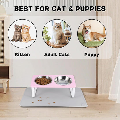 Upgraded Elevated Cat Bowls with Food Mat,15°Tilted Stand Anti Vomiting Raised Cat Dishes for Food and Water,2 Stainless Steel Bowls for Cats and Puppy