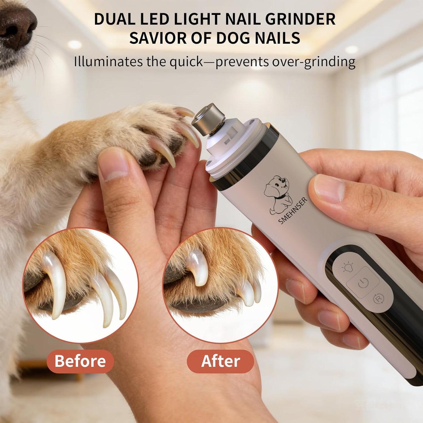 YFL Dog Nail Grinder, Ultra Quiet 3-Speeds Pet Nail Trimmer with LED Lights, Low Vibration Electric Nail Clippers for Dogs & Cats, Painless Paws Grooming & Smoothing for Small Medium Large Pets