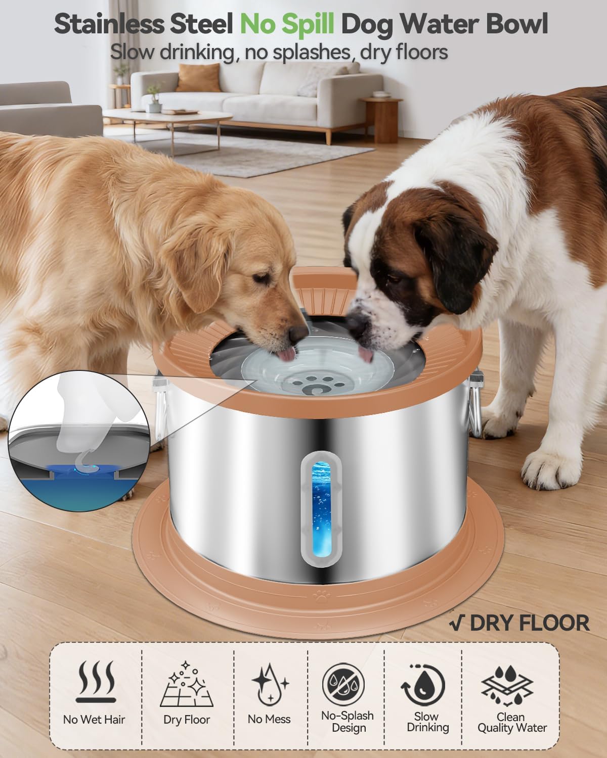 UPSKY 14L No Spill Dog Water Bowl, Stainless Steel Spill Proof Dog Bowl with Water Window, Dual-Suction Anti-Slip Large Capacity Slow Drinking Bowl with Floating Disk for Large Dogs & Messy Drinkers