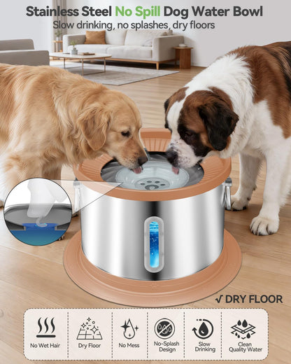 UPSKY 14L No Spill Dog Water Bowl, Stainless Steel Spill Proof Dog Bowl with Water Window, Dual-Suction Anti-Slip Large Capacity Slow Drinking Bowl with Floating Disk for Large Dogs & Messy Drinkers