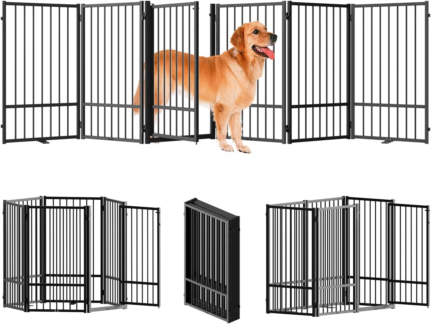 SNUOWU Full Metal Freestanding Dog Gate with Door, 32''Height Foldable Pet Dog Fence for Indoor & Outdoor, 4 Panels Extra Wide Free Standing TallDog Gates for Doorways,House,Stairs,Porch,Deck,Yard