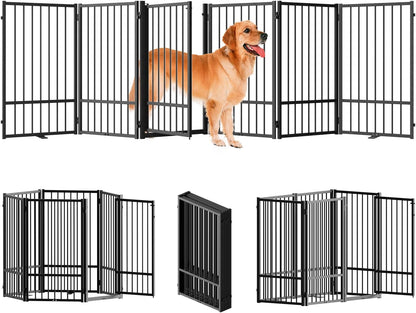 SNUOWU Full Metal Freestanding Dog Gate with Door, 32''Height Foldable Pet Dog Fence for Indoor & Outdoor, 4 Panels Extra Wide Free Standing TallDog Gates for Doorways,House,Stairs,Porch,Deck,Yard