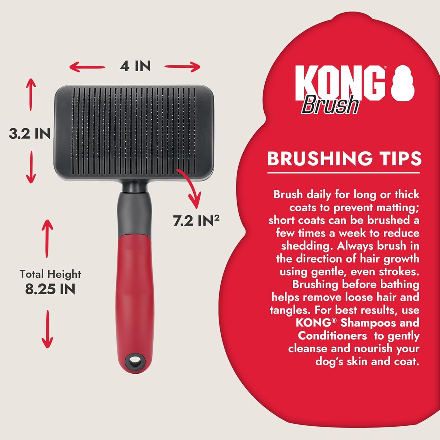 KONG Double-Sided Rake & Deshedding Tool – Detangling & Shedding Control, Rounded Metal Tips, Non-Slip Grip, for Medium to Large Dogs with Medium to Long Coats, Red/Gray