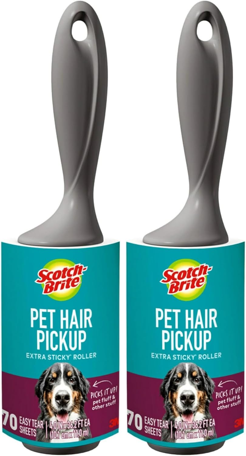 Scotch-Brite Pet Hair Pickup Extra Sticky Lint Roller, Designed for Removing Fur + Fluff on Couches, Clothes, Dog and Cat Beds, & More, 2 Pack, 140 Easy - Tear Adhesive Sheets Total