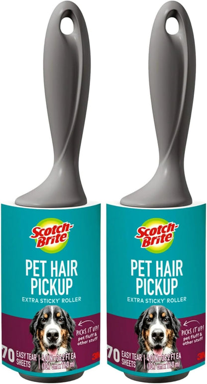 Scotch-Brite Pet Hair Pickup Extra Sticky Lint Roller, Designed for Removing Fur + Fluff on Couches, Clothes, Dog and Cat Beds, & More, 2 Pack, 140 Easy - Tear Adhesive Sheets Total
