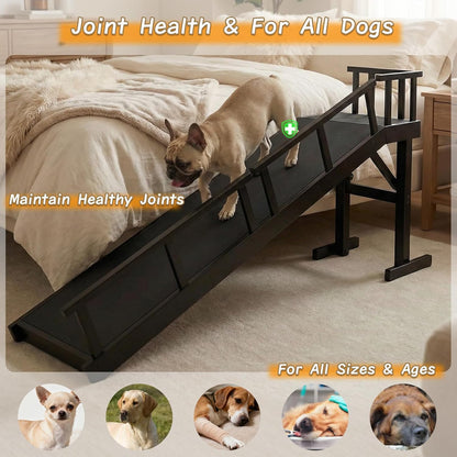 61" Dog Ramp for Bed with Rest Platform & Glow Strips, 20° Gentle Slope, EVA Non-Slip Surface, Removable Safety Rails, Birchwood Solid Wood, for Small, Large & Senior Dogs, Joint Protection, Black