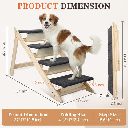 Dog Ramp, Durable Pet Stairs for High Beds, 2-in-1 Foldable Wooden Dog Steps for Couch and Car, Joint-Friendly Stairs for Senior Dogs, Non-Slip Carpeted Pet Steps with High-Weight Capacity