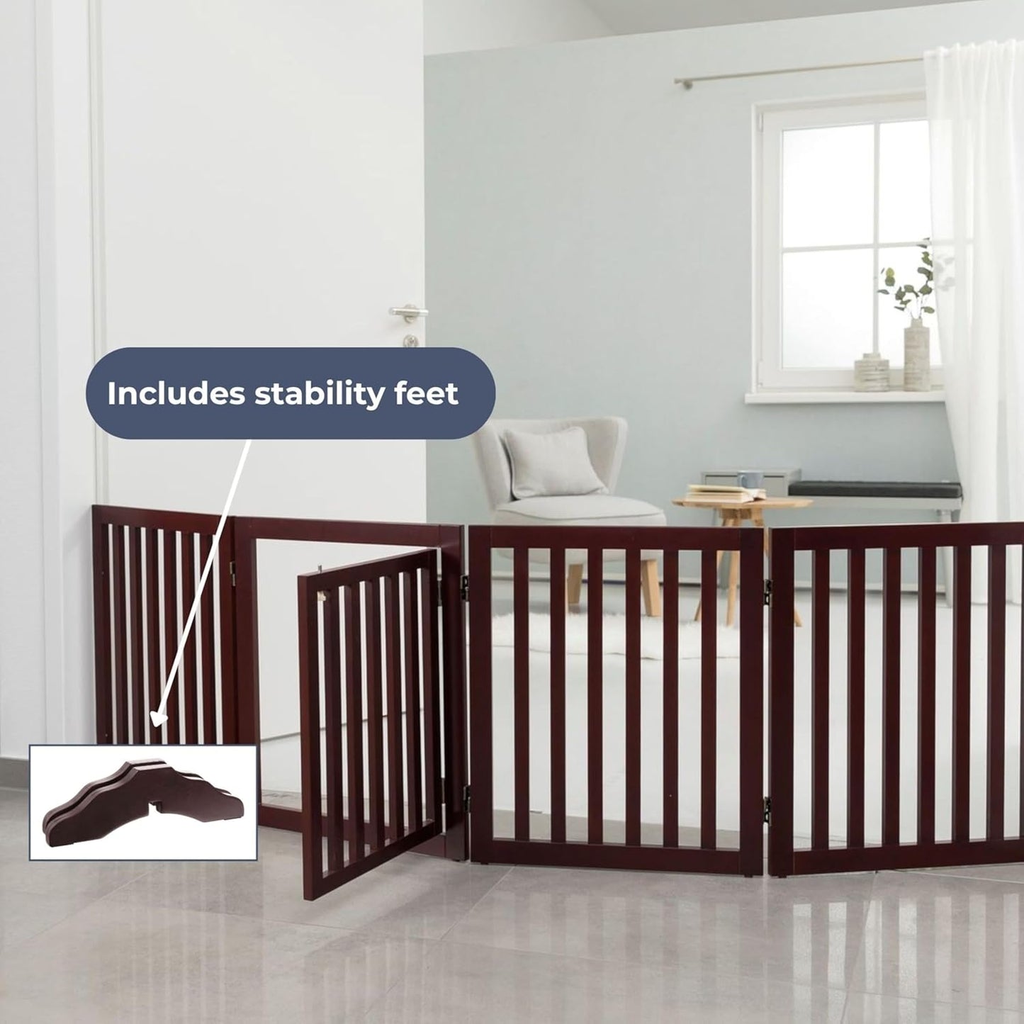 TRIXIE Freestanding 4-Panel Pet Gate, 24-in Tall Foldable Indoor Dog Barrier Fence, 81.2-in Max Width with Pet Door, Brown