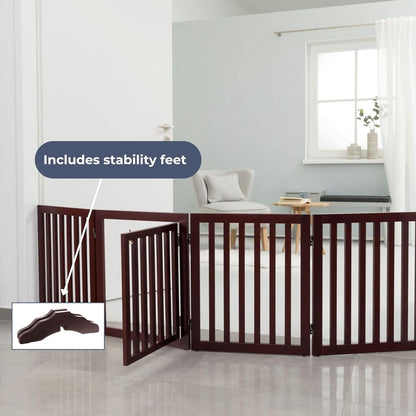 TRIXIE Freestanding 4-Panel Pet Gate, 24-in Tall Foldable Indoor Dog Barrier Fence, 81.2-in Max Width with Pet Door, Brown