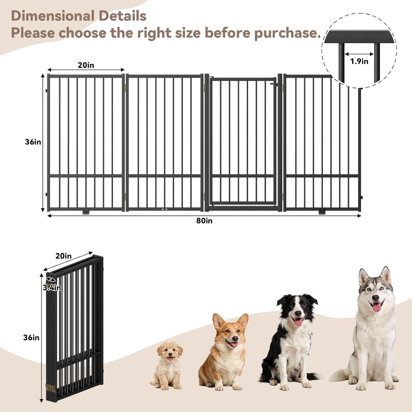 SNUOWU Full Metal Freestanding Dog Gate with Door, 32''Height Foldable Pet Dog Fence for Indoor & Outdoor, 4 Panels Extra Wide Free Standing TallDog Gates for Doorways,House,Stairs,Porch,Deck,Yard