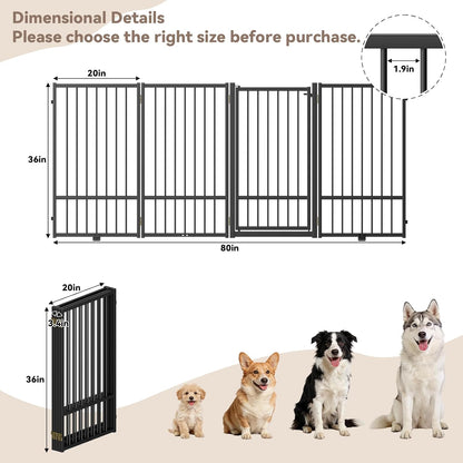 SNUOWU Full Metal Freestanding Dog Gate with Door, 32''Height Foldable Pet Dog Fence for Indoor & Outdoor, 4 Panels Extra Wide Free Standing TallDog Gates for Doorways,House,Stairs,Porch,Deck,Yard
