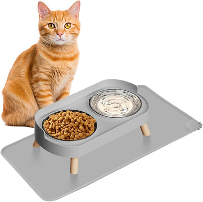 Elevated Cat Bowl, Raised Cat Food and Water Bowl Set for Indoor Cats, Splash Proof with 2 Stainless Steel Pet Food Bowls for Cats and Puppies, Whisker Fatigue and Dishwasher Safe - White