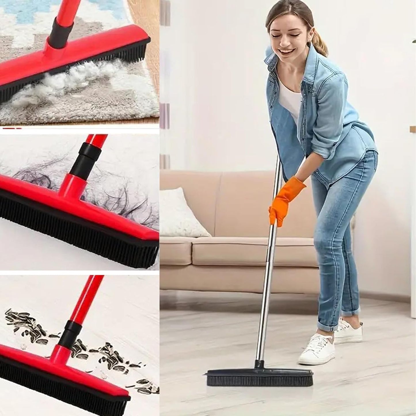 Pet Hair Rubber Broom, Rubber Broom for Pet Hair On Carpet, Pets Hairs Removal Broom with 49" Adjustable Handle, Soft Push Broom with Squeegee for Carpet, Hardwood Floor, Tile (E)