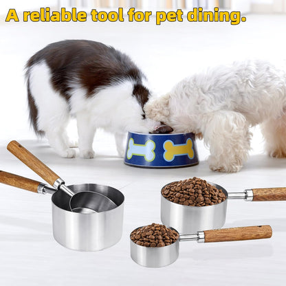 4 Pcs Dog Food Scoop, Stainless Steel 1 Cup, 1/2 Cup, 1/3 Cup, 1/4 Cup Measuring Cup, Cat Food Scoop with Wood Handle, Pet Food Scoop