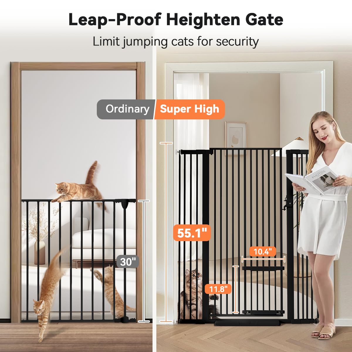 COMOMY 55.1" Extra Tall Pet Gate for Cats, Extra Wide Cat Gate with Adjustable Cat Door, Pressure Mounted Easy Walk Through Pet Gate with Door for Stairs, Doorways, Kitchen(White, 29.5-40.6")