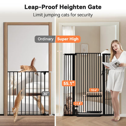 COMOMY 55.1" Extra Tall Pet Gate for Cats, Extra Wide Cat Gate with Adjustable Cat Door, Pressure Mounted Easy Walk Through Pet Gate with Door for Stairs, Doorways, Kitchen(White, 29.5-40.6")