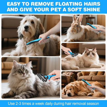 Pet Grooming Brush and Metal Comb Combo, Cat Brush Dog Brush for Shedding, Undercoat Rake for Dogs Grooming, Dematting Deshedding Brush Dogs Shedding Tool for Long matted Haired Pets, Gray (Gray)