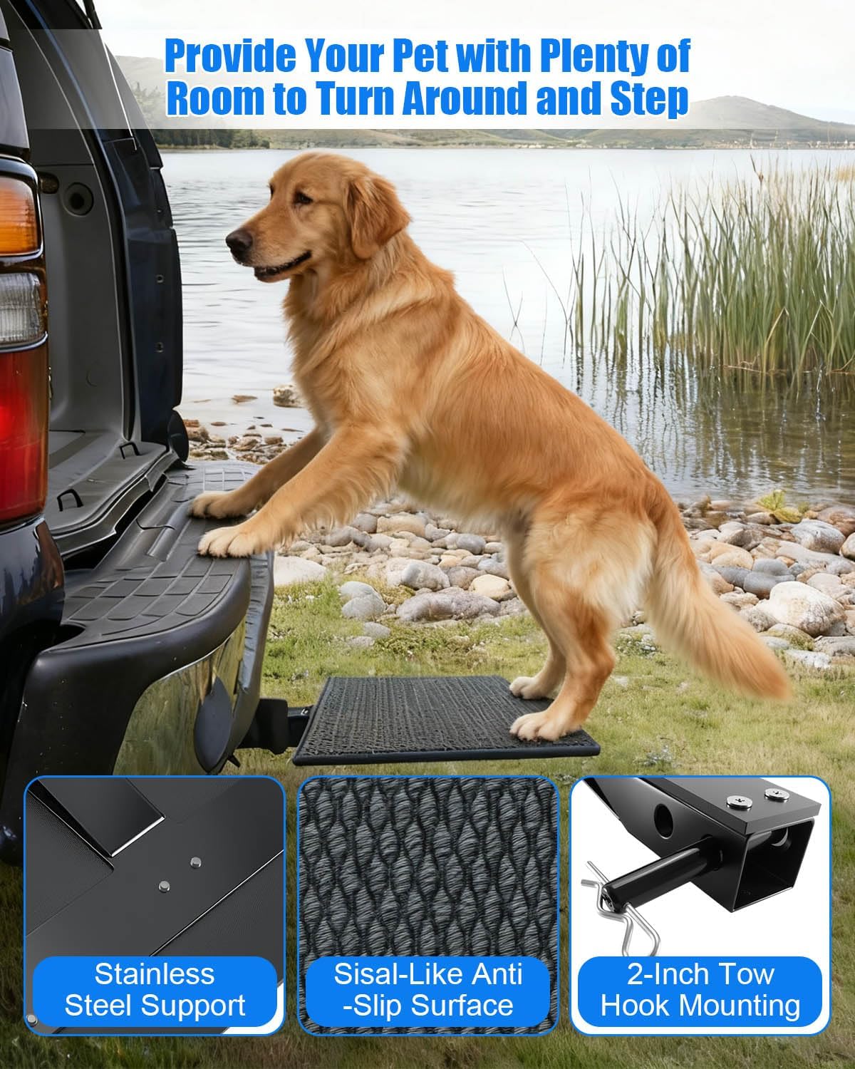 Pet Ramp Steps for Dogs Get in & Out of Car, Portable Dog Ramp for 2 Inch Trailer Hitch, Stainless Steel with Anti-Slip Pad for Medium Large & Senior Pets, Supports 200lbs for SUVs Trucks & Vans