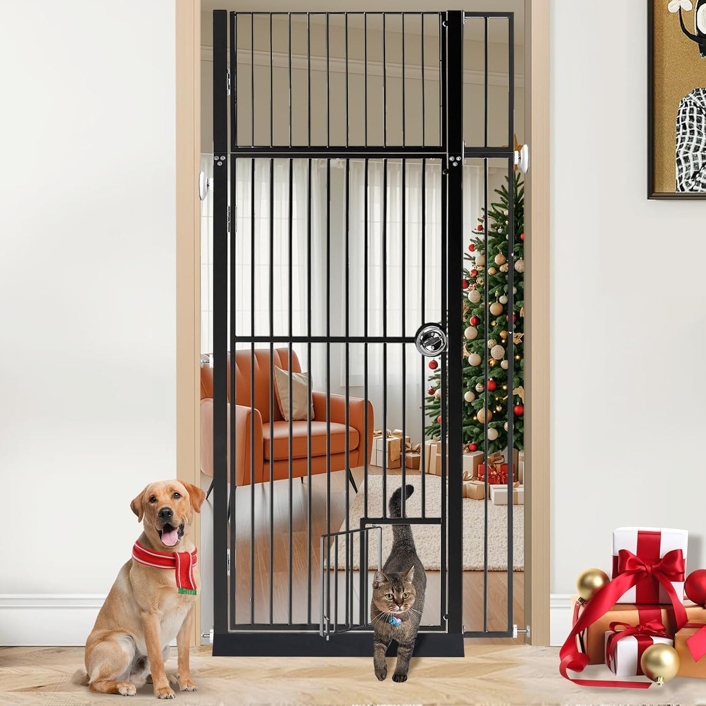 71 inch Extra Tall Gates for Cats Dogs, Adjustable 28.7" and 37.5" Wide Cat Gate, Pressure Mounted Full Door Pet Gate for Doorway, Stairs,House (Black, 71")