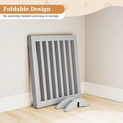 PUPETPO 24”H Freestanding Wooden Pet Gate, Dog Gate for Stairs, Doorways, and Hallways, Step Over Foldable Pet Fence for Indoor Use, Support Feet Included, 60 inch Wide 3 Panels, Grey