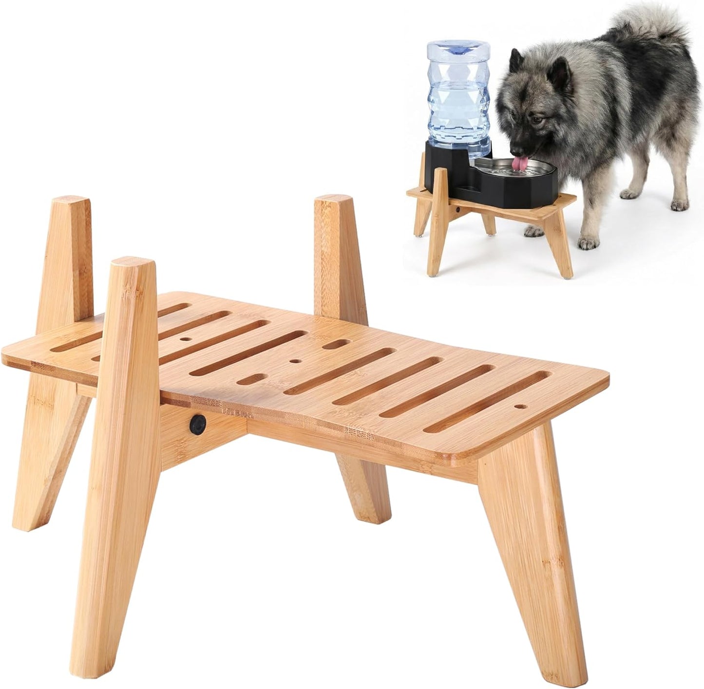 Dog Bowl Stand (14-inch High) - Ideal for Large Breeds, Use to Elevate, Raise Pet Dishes, Water Fountains and Slow Feeders - Adjustable Sideways, Bamboo - (Bowls not Included)
