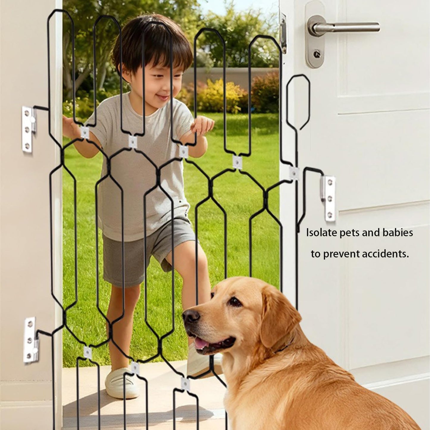 Metal Telescopic gate, 35.4 inches Wide and 31 inches high, is a Safe pet gate Suitable for Front Doors, RVs, doorways, etc., and is Easy to Install.