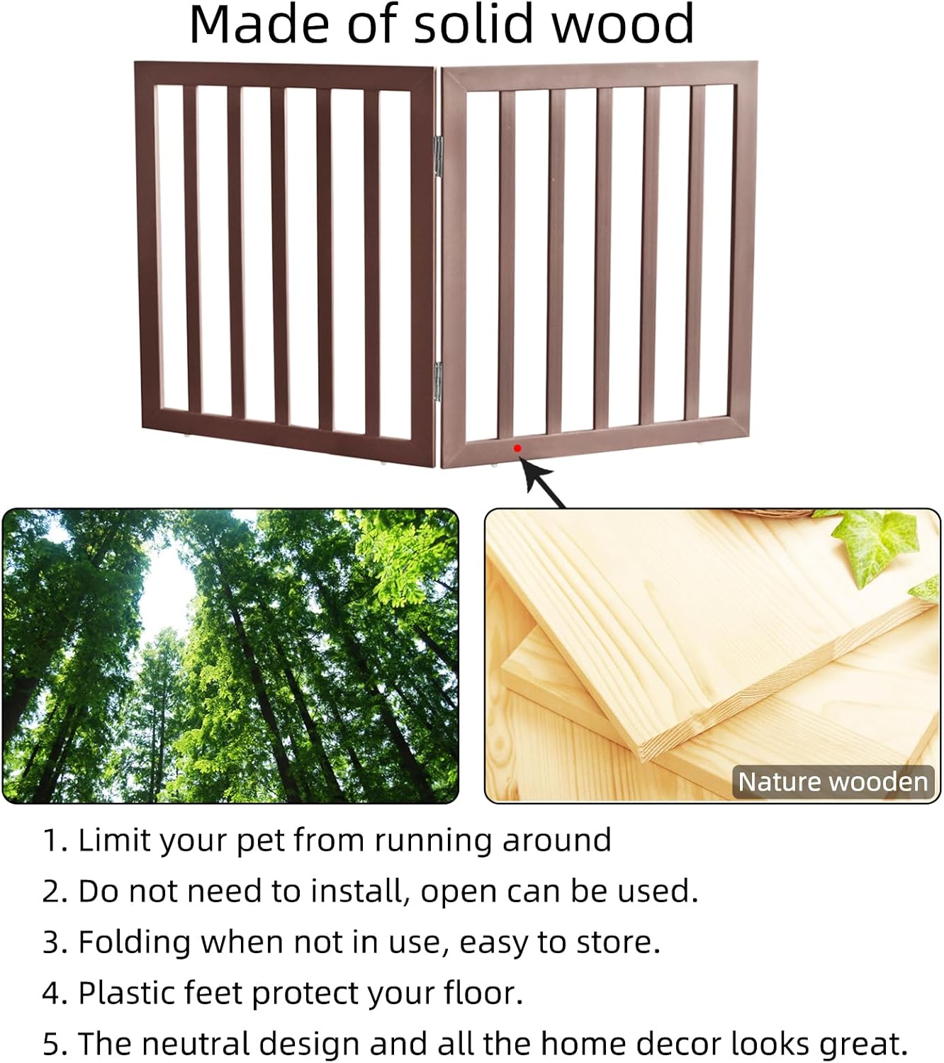 Dog Gate Indoor, Freestanding Dog Fence for The House, Doorways, Hallways,or Stairs,Pet Gate Foldable Wooden,Expandable 24" Height 3 Panels,White