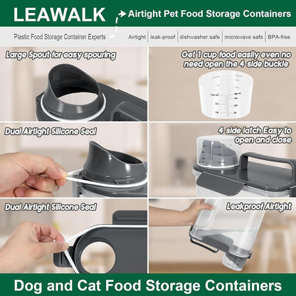 LEAWALK 5-7Lbs Dog Cat Food Storage Container with Upgraded Large Nozzle BPA-free, 4 Snap Seals Plastic Pet Food Storage Containers with Handles are Easy to Clean and Carry