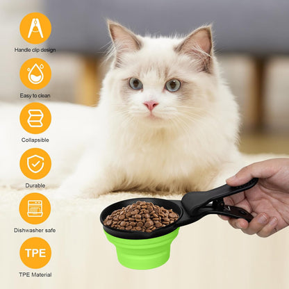 Collapsible Dog Food Scoop Foldable Pet Food Bag Clip 3 in 1 Multi-function Silicone Cat Food Measuring Cup Scoop Dog Food Scooper Pet Food Storage Clip (Green, 1 Cup Capacity(1 Pack))